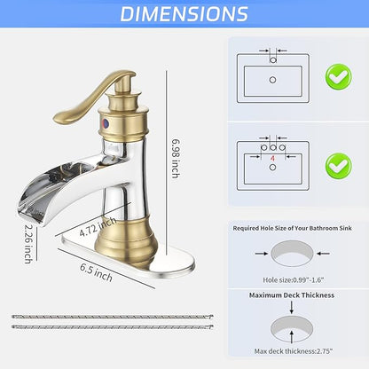BWE Bathroom Faucet Waterfall Single Handle Chrome and Gold Vanity with Pop Up Drain Stopper with Overflow One Hole Lever Bath Sink Basin Restroom Mixer Tap Commercial Supply Line