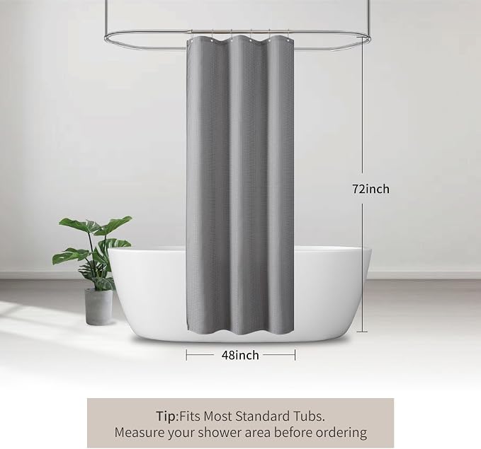 256GSM Heavy Duty Waffle Weave Shower Curtain, Gray 48"x72" | with Weighted Hem & Rustproof Grommets - Hotel Spa Luxury for Narrow Bathroom, RV, Apartment