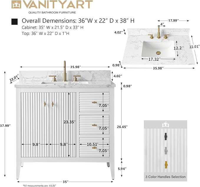 Vanity Art 36 inch Bathroom Vanity with Single Sink & Ceramic Top, Vanity Cabinet with Soft-Closing Door, Solid Wood Frame, Linear Pattern, White, VA9136-W-MB,Matte Black Handles