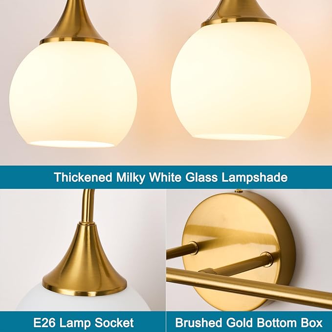 Gold Bathroom Light Fixtures 2-Lights Vanity Lights with Milk White Glass Shade Vanity Lights for Bathroom Modern Bathroom Wall Sconce(Exclude E26 Bulb)