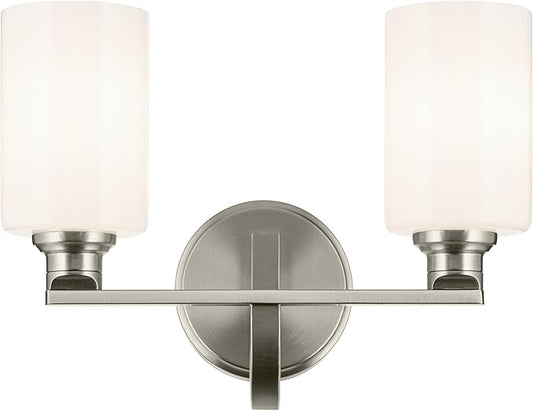 Kichler Gioe 14.25" 2-Light Vanity Light with Opal Glass in Brushed Nickel, Damp Rated, for Bathroom, Powder Room, Over a Mirror, (14.25" W x 10.5" H), 55225NI