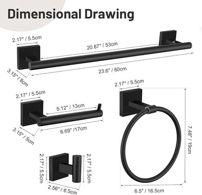 Lairuier 10-Piece Matte Black Bathroom Accessories, Towel Bar Set | Bathroom Hardware Set Includes SUS304 23.6" Towel Bar, Towel Ring, Toilet Paper Holder and Towel Hooks Wall Mounted