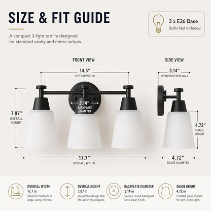3 Light Bathroom Vanity Light, Modern Matte Black Stainless Steel Over Mirror Vanity Light Fixture with Frosted Glass, Wall Sconces Lighting for Bedroom Living Room