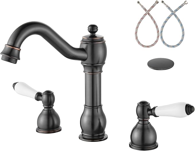 Widespread Bathroom Sink Faucet 3 Hole White Lever Oil Rubbed Bronze | Vintage 8 Inch Brass Sink Faucet,2 Ceramic Handle,Pop Up Drain,cUPC Hose,for 6-16″Centerset Basin,Farmhouse,RV,Vanity