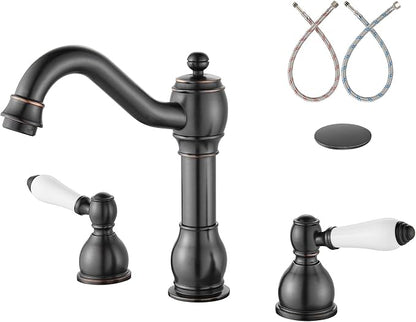 Widespread Bathroom Sink Faucet 3 Hole White Lever Oil Rubbed Bronze | Vintage 8 Inch Brass Sink Faucet,2 Ceramic Handle,Pop Up Drain,cUPC Hose,for 6-16″Centerset Basin,Farmhouse,RV,Vanity