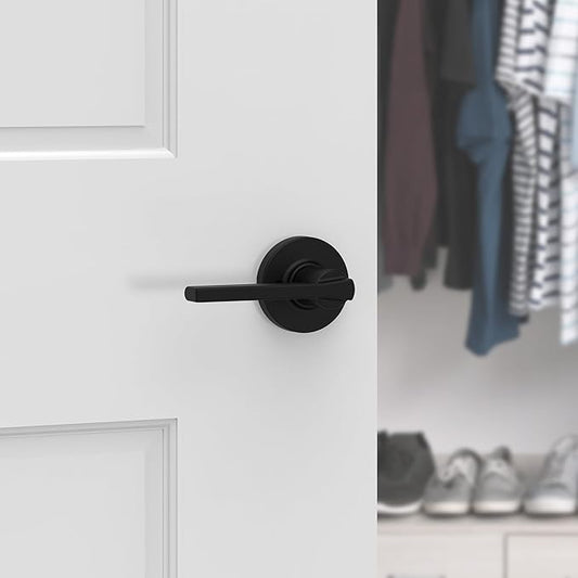 Kwikset Casey Dummy Round Door Handle, Single Sided Lever for Closets, French Double Doors, and Pantry, Matte Black Non-Turning Reversible Interior Push/Pull Lever, with Microban Protection