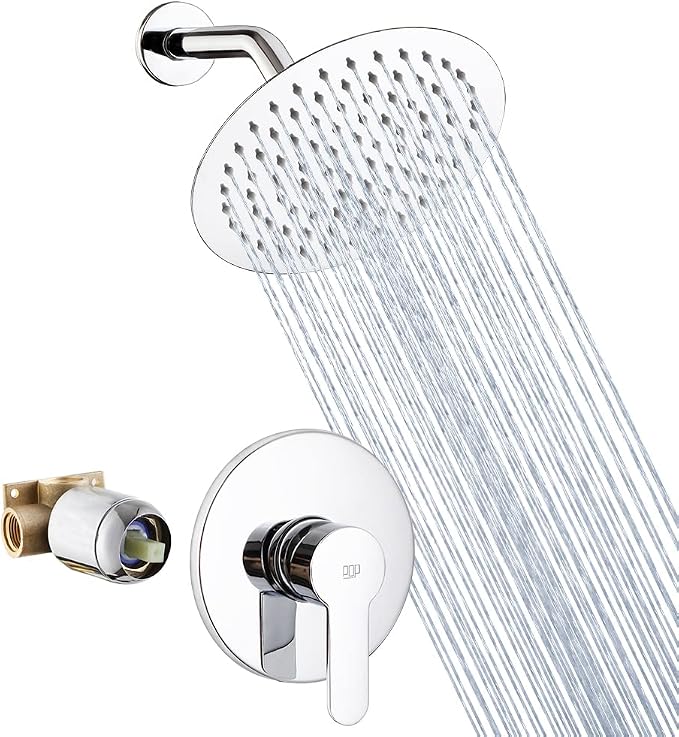 Shower Faucet Set Chrome Bathroom Rainfall Shower System Wall Mounted 8" Inch Shower Head and Handle Set Single Function Shower Trim Kit with Rough-in Valve
