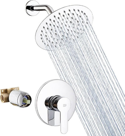 Shower Faucet Set Chrome Bathroom Rainfall Shower System Wall Mounted 8" Inch Shower Head and Handle Set Single Function Shower Trim Kit with Rough-in Valve
