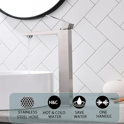 Bathroom Sink Faucet, Brushed Nickel Tall Vessel Sink Faucet, Single Hole Tall Bathroom Faucet Lavatory Vanity Sink Faucet with Pop-up Drain,BF012L