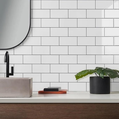 Vamos Tile White Peel and Stick Backsplash, Glossy 3''x6'' PVC Subway Tile | 4-Piece White Subway Tile with Dark Gray Grout,Stick on Backsplash for Kitchen/Bathroom/Fireplace/Laundry/Camper