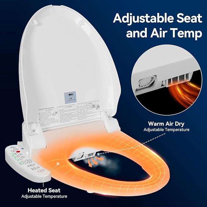 Bidet Toilet Seat Electric Warm Water Bidet with Warm Air Drying, Heated Seat Bidets with Self-cleaning Nozzle Temperature Adjustable White (Round)