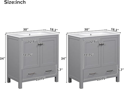 LUMISOL 60" Bathroom Vanity with Double Sink, Solid Wood Bathroom Sink Cabinet with 2 Drawers, Storage Racks & 2 Cabinets, Separate Bathroom Vanities with Double Ceramic Sinks, Grey