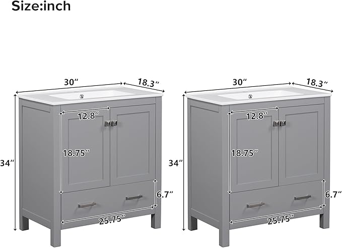 HABITRIO 60" Bathroom Vanity Set with Double Vanities (Separate), Double Ceramic Sinks, Storage Shelf, and Divided Drawers (Mirror not Included), Gray