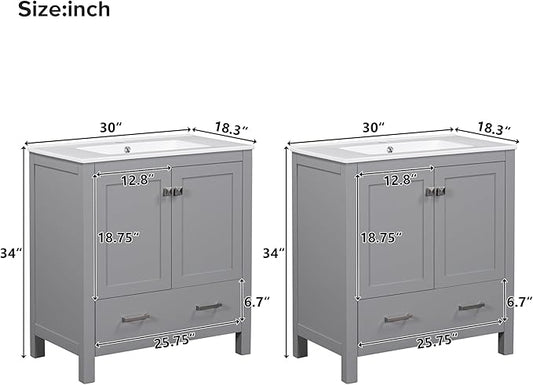 HABITRIO 60" Bathroom Vanity Set with Double Vanities (Separate), Double Ceramic Sinks, Storage Shelf, and Divided Drawers (Mirror not Included), Gray