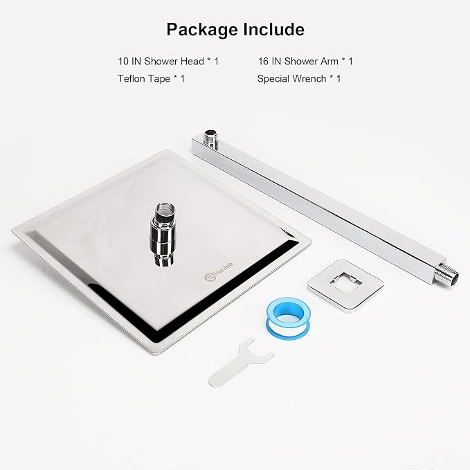 Shower Head with Extension Arm, High Pressure Square with ShowerArm, Stainless Steel Rainfall -Waterfall Full Body Coverage (10'' Shower with 16'' Arm, Chrome)