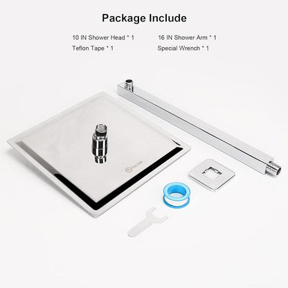 Shower Head with Extension Arm, High Pressure Square with ShowerArm, Stainless Steel Rainfall -Waterfall Full Body Coverage (10'' Shower with 16'' Arm, Chrome)