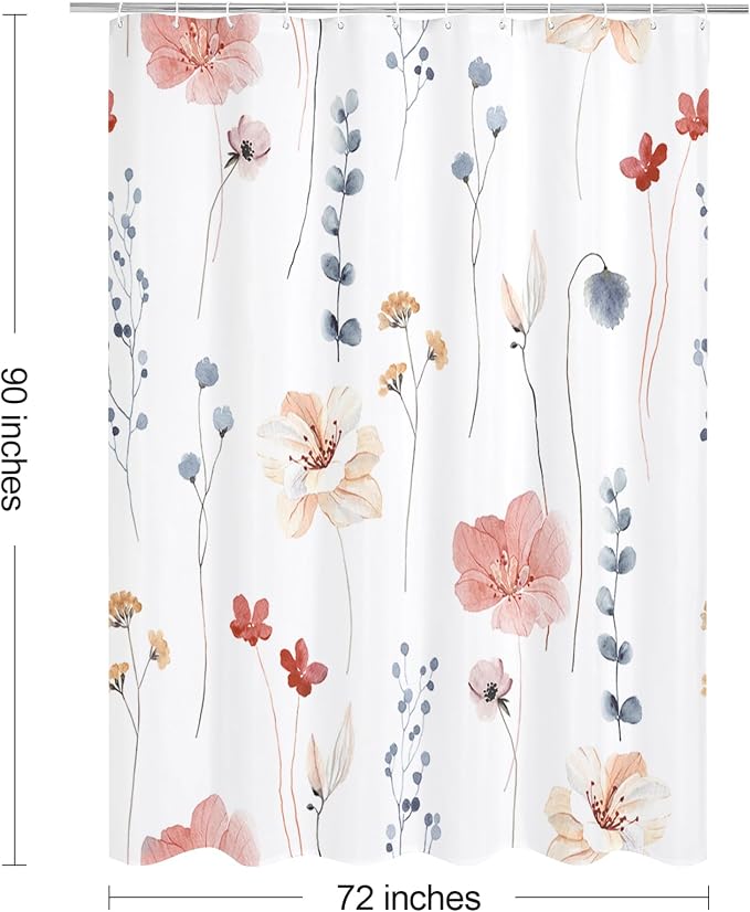 Coral Beige Watercolor Floral Fabric Shower Curtain, 72x90 | Waterproof Fabric, Modern Minimalist Floral Print, Machine Washable, Rustproof Grommets, for Bathroom Home, Extra Long