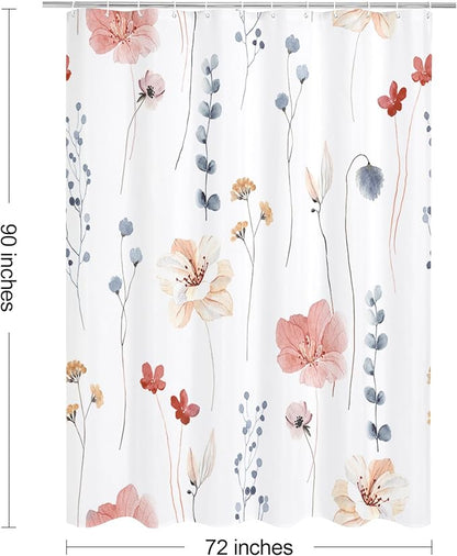 Coral Beige Watercolor Floral Fabric Shower Curtain, 72x90 | Waterproof Fabric, Modern Minimalist Floral Print, Machine Washable, Rustproof Grommets, for Bathroom Home, Extra Long