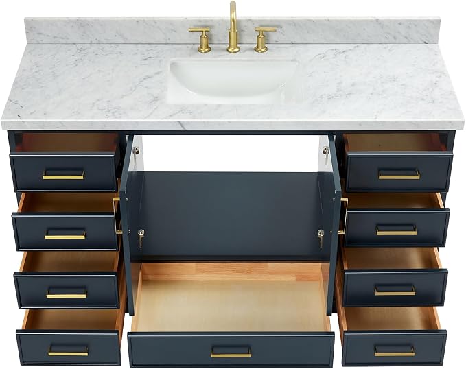 Langford 60-inch Midnight Blue Bathroom Vanity with Center Rectangle Single Sink, Italian Carrara Marble Countertop & Backsplash, Solid Wood Frame, Soft-Closing & Dovetail Drawers