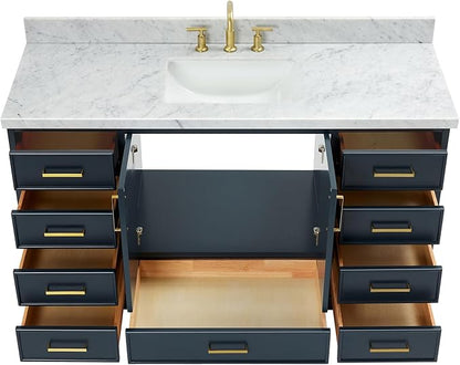 Langford 60-inch Midnight Blue Bathroom Vanity with Center Rectangle Single Sink, Italian Carrara Marble Countertop & Backsplash, Solid Wood Frame, Soft-Closing & Dovetail Drawers
