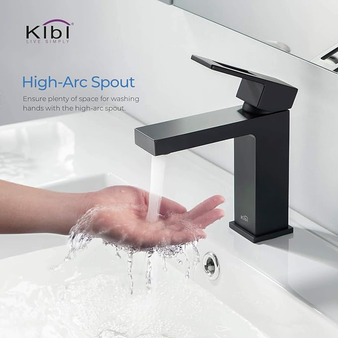 Matte Black Bathroom Sink Faucet - Solid Brass Single Handle with Pop-Up Drain | High Arc Cubic Spout Lavatory Faucet, Corrosion-Resistant, Easy DIY Install (KBF1002)