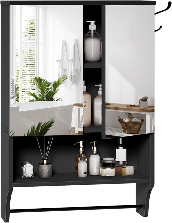Bathroom Wall Cabinet with Mirror, Medicine Cabinet with 2 Door and Adjustable Shelf, Wall Mounted Over The Toilet Storage Cabinet for Bathroom Laundry Room Kitchen, 18.9"W x 26.2"H, Black