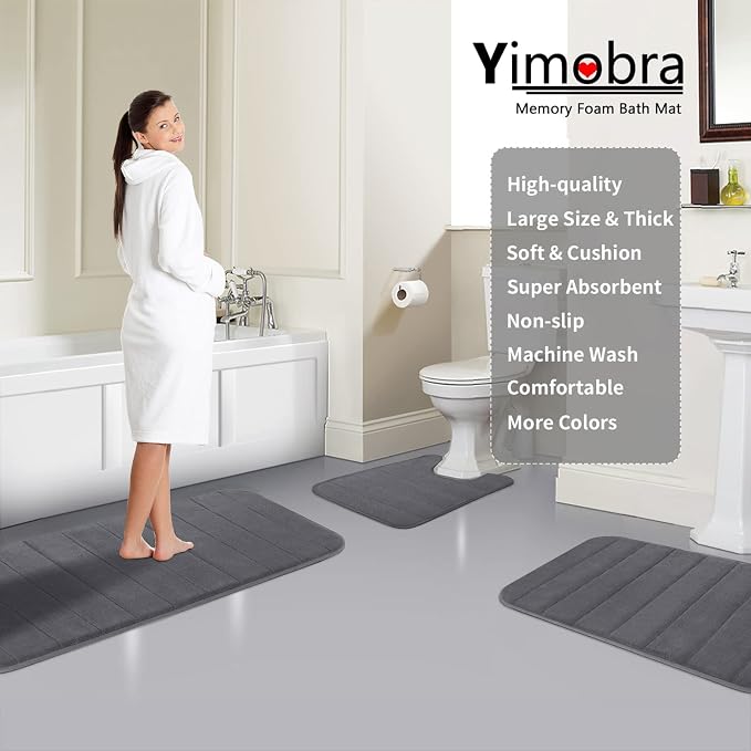 Yimobra Memory Foam Bath Mat, Super Soft Absorbent Bathroom Rug Non Slip 31.5x20 Inch, Quick Dry, Machine Washable Floor Carpet for Tub Shower, Home Decor Accessories, Dark Gray