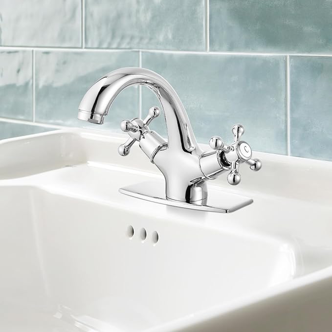 gotonovo Bathroom Sink Faucet Single Hole Double Cross Handle Knobs Lavatory Vessel Sink Mixer Tap Bathroom Faucet with Pop up Drain and Deck Cover Plate Polish Chrome