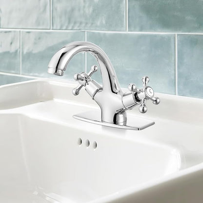gotonovo Bathroom Sink Faucet Single Hole Double Cross Handle Knobs Lavatory Vessel Sink Mixer Tap Bathroom Faucet with Pop up Drain and Deck Cover Plate Polish Chrome