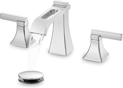 Chrome Bathroom Faucet 3 Hole, Brass Waterfall 8 Inch Widespread Bathroom Sink Faucet with Pop-up Drain, Pre-Installed Supply Hoses, 2 Handles for Vanity, Lavatory, Modern Hollowed Spout