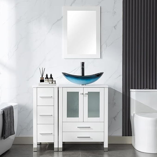 LUCKWIND 36" Bathroom Vanity with Sink Combo, 24-inch Main Cabinet with 12.6-inch Side Cabinet, Painted Bathroom Storage Cabinet with 5 Drawers, Including Blue Boat Sink Without Mirror, White