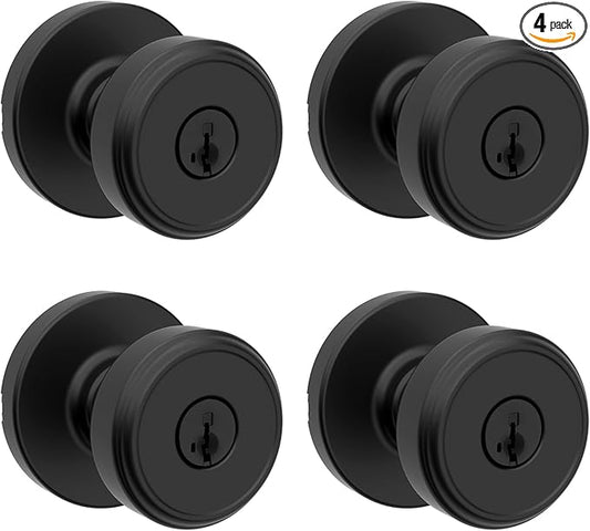 Kwikset Maven Entry Door Knob with Lock and Key, Secure Keyed Handle Exterior, Front Entrance and Bedroom, Matte Black, 4 Pack, Pick Resistant SmartKey Rekey Security and Microban