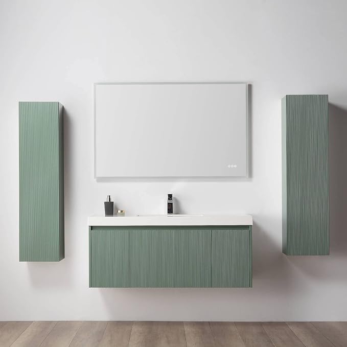Blossom 48 Inch Bathroom Vanity with Sink and 2 Side Cabinets, All Wood Wall Mounted Floating Bathroom Vanity Cabinet with Acrylic Sink, Soft-Close Drawers, Bathroom Vanities, Aventurine Green