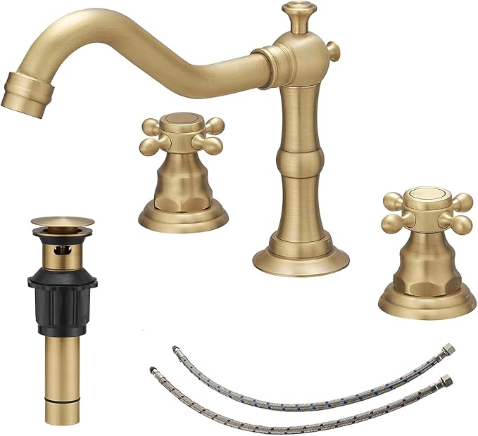 BWE Widespread Bathroom Faucet 3 Hole 2 Handles Cross Knobs Antique Brass | 8 Inch Bathroom Sink Faucet with Pop Up Drain with Overflow & Supply Lines,Basin Mixer Tap,Drip-free Ceramic Cartridge