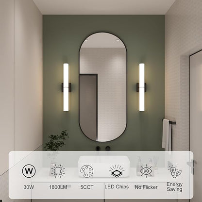 24 Inch 30W Led Bathroom Vanity Light,3000K-6000K Dimmable Vanity Lighting Fixtures with White Acrylic Lampshade,Indoor Hardwired Wall Light Over Mirror for Mirror Restroom(Black,1 Pack)