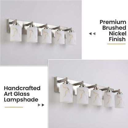5-Light Bathroom Light Fixture, Brushed Nickel Modern Vanity Light with White Marble Glass Shade, for Bathroom Mirror, Living Room, Bedroom, Hallway, E26 Base, Extended Base