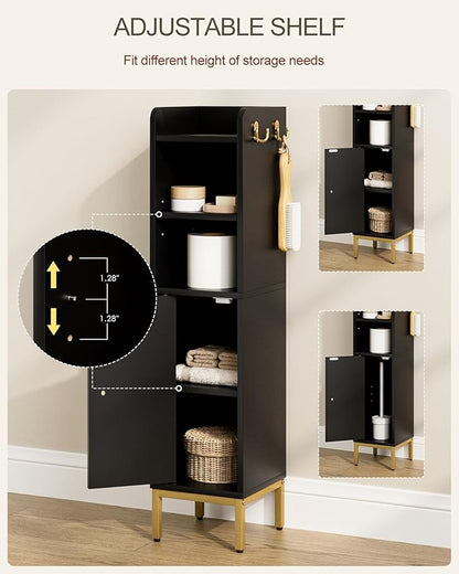 Narrow Bathroom Storage Cabinet, 33.2" H Thin Free Standing Floor Organizer with Door & Shelves, Black Slim Toilet Paper Holder Stand, Cabinet Organizer for Tight Small Spaces