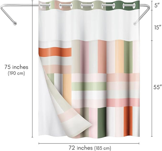 Americanflat 72x75 Hookless Shower Curtain - Water-Resistant Modern Stripe Shower Curtain with Sheer Panel, Snap-In Liner, and Grommets - 100% Polyester - Pink, Sage Green, Terracotta, Peach and White