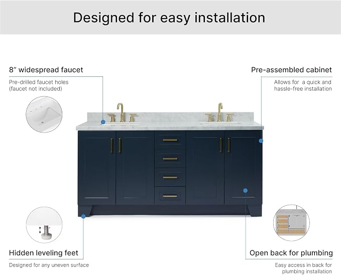 ARIEL Taylor 72-inch Bathroom Vanity with Sink,Solid Wood, 1.5-inch Italian Carrara Marble Countertop, Double Rectangular Porcelain Sink, 4 Soft Closing Doors, 6 Dovetail Drawers, Midnight Blue