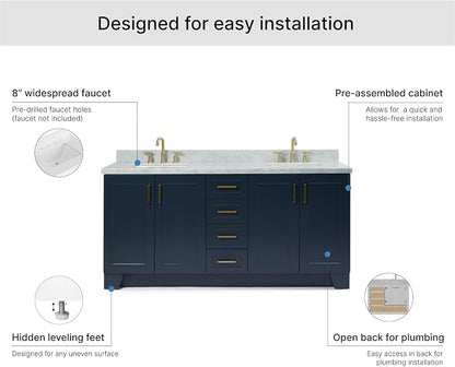 ARIEL Taylor 72-inch Bathroom Vanity with Sink,Solid Wood, 1.5-inch Italian Carrara Marble Countertop, Double Rectangular Porcelain Sink, 4 Soft Closing Doors, 6 Dovetail Drawers, Midnight Blue