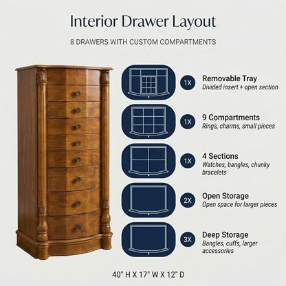 Hives and Honey Roman Locking Jewelry Armoire – 8 Drawer Organizer with Mirror, Side Necklace Hooks, Ring Rolls and Anti-Tarnish Lining