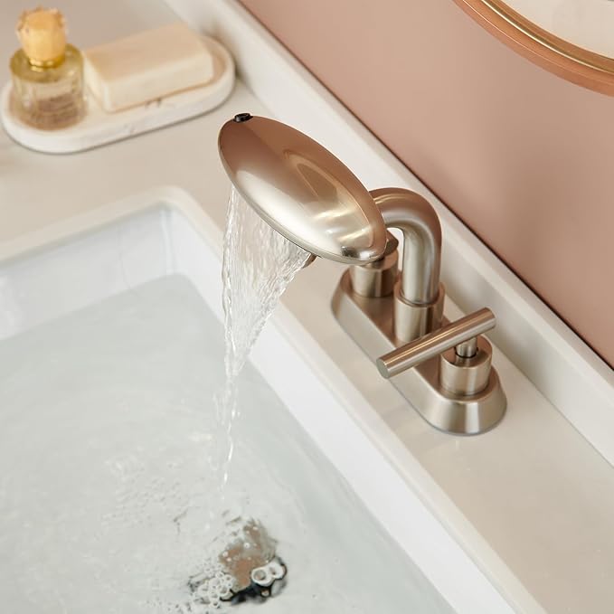 Bathroom Sink Faucet 3 Hole Brushed Nickel 4 Inch Centerset，4 Modes Waterfall Bathroom Faucet 2 Handle with 360° Swivel Spout & Pop Up Drain
