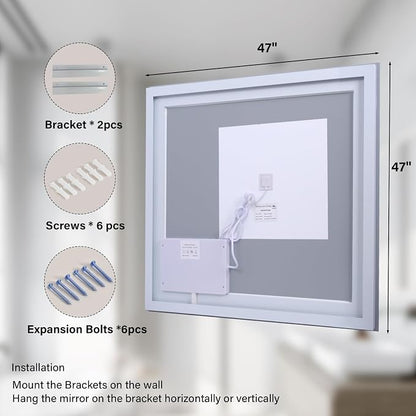 XRAMFY 47"X47" LED Bathroom Mirror, Backlit + Front Lit Wall Mirror | LED Bathroom Mirror with Lights for Wall, 3 Colors, Anti-Fog, Dimmable Brightness, Tempered Glass
