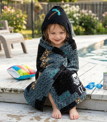 Minecraft Creeper Video Game Kids Hooded Towel Bath Wrap for Boys, Grey