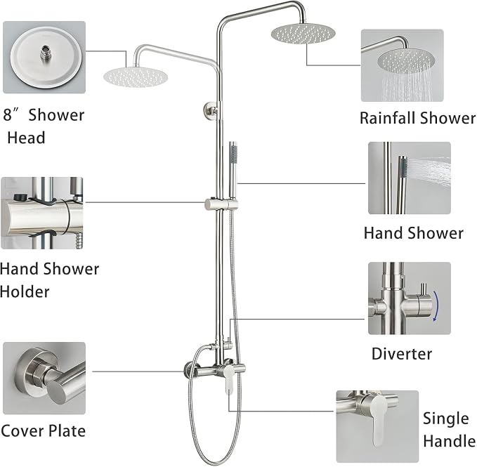 Rain Shower System Outdoor Shower Fixtures with 8" Rain Shower Head Handheld Sprayer Single Handle Wall Mounted Bathroom Shower Faucet Set Brushed Nickel for Bathroom or Backyard