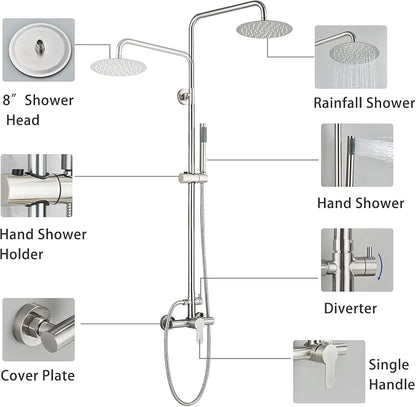 Rain Shower System Outdoor Shower Fixtures with 8" Rain Shower Head Handheld Sprayer Single Handle Wall Mounted Bathroom Shower Faucet Set Brushed Nickel for Bathroom or Backyard