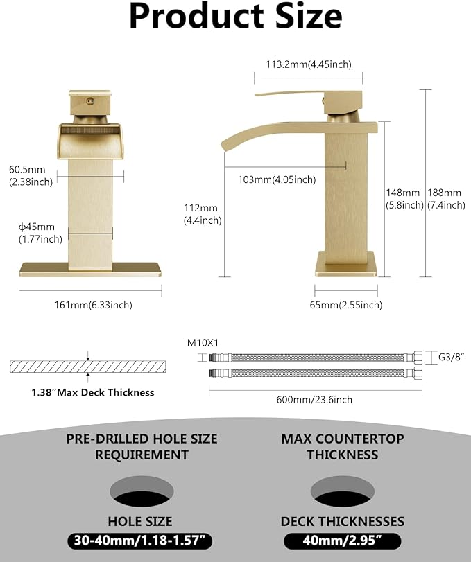 Waterfall Bathroom Faucet 1 Hole, Single Hole Bathroom Faucet, Single Handle Vanity Sink Faucet with Deck Plate, Pop-up Drain & Supply Lines, Brushed Gold