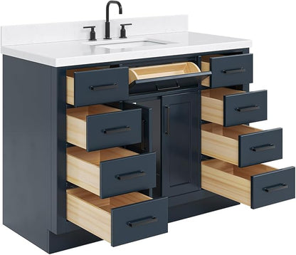 Isabella 48-Inch Bathroom Vanity with Sink — Midnight Blue Single Sink Bathroom Vanity, 1.5" Edge Carrara Quartz Countertop, Solid Wood, 2 Soft-Close Doors, 8 Dovetail Drawers + Tilt Drawer