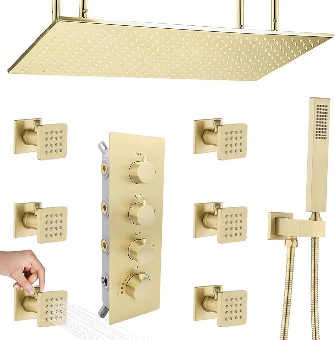 Brushed Gold Rain Shower System Thermostatic Bathroom Faucet Set 16X32 Inch Ceiling Mount Shower Head Set Complete With Thermostatic Control Valve Use All In One