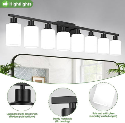 Indoi 8-Light Bathroom Light Fixtures, Matte Black Modern Vanity Lights with Milky White Shades, Bathroom Wall Lamp for Mirror Living Room Cabinet Bedroom Porch